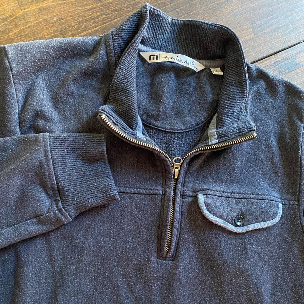 Travis Mathew 1/4 Zip Golf Pullover Sweater Men Small Midweight Navy Blue Pocket